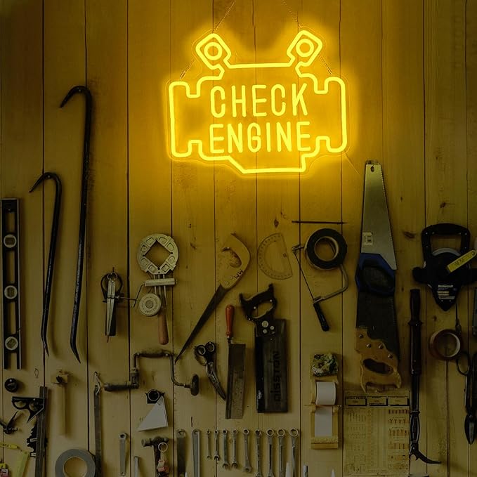 Check Engine Neon Signs for wall decor, Garage Neon Sign for Man Cave, Piston Engine Led Light Signs with Dimmer, Piston Decoration USB Powered with Switch-Ruum Studio Home