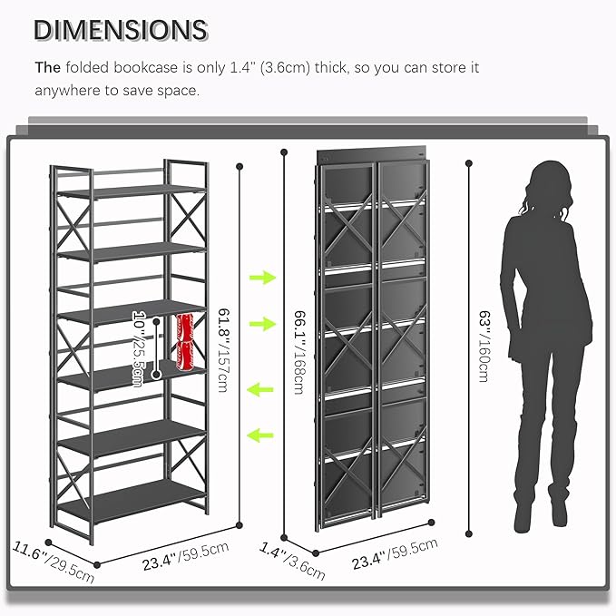 4NM 6 Tiers No Assembly Book Shelves, 61.8" H Folding Bookshelf Bookcase Open Industrial Foldable Shelves for Bedroom, Living Room, Home Office - All Black-Ruum Studio Home