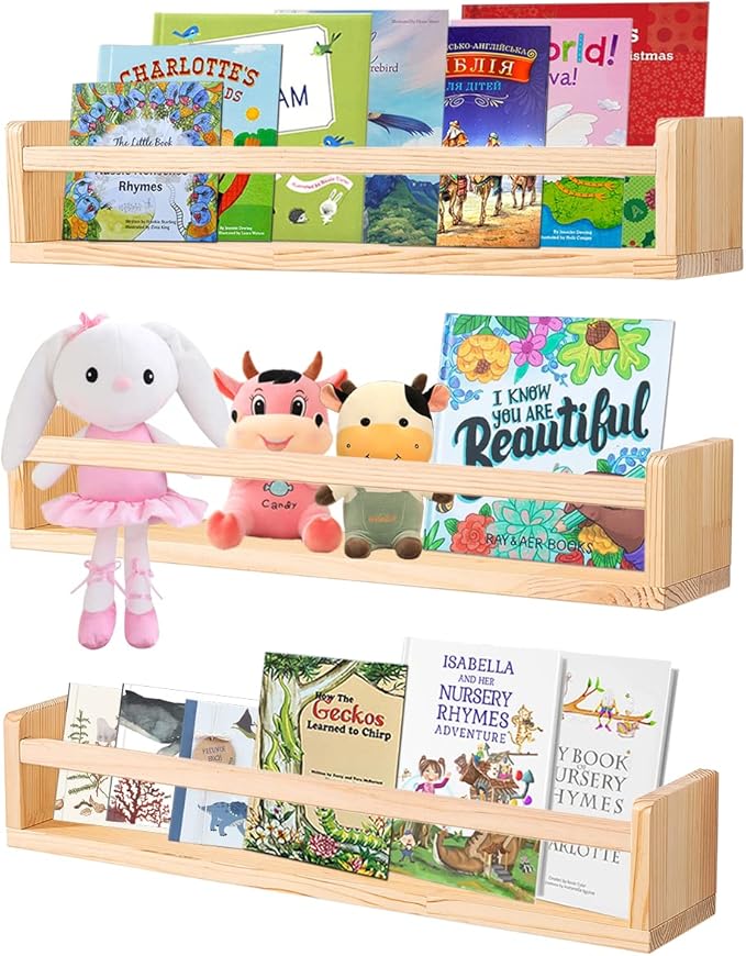 AZSKY Nursery Book Shelves 24 Inch Rustic Natural Wood Floating Shelves,Wall Book Shelves for Farmhouse,Bathroom Décor,Kitchen Spice Rack or Book Shelf Organizer for Home Décor,a Set of 3 Same Sizes-Ruum Studio Home