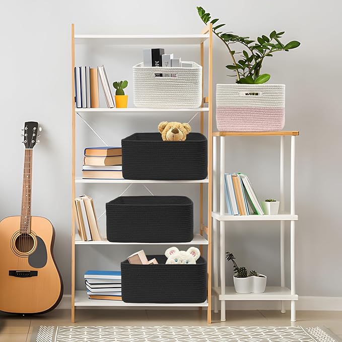 COMFY-HOMI Cotton Rope Woven Basket with Handles for Shelves,Toys,Book, Cloth Storage Baskets for Organizing-17" x 13" x 7.5" Toy Decorative Organizer for Living Room, Bathroom （all black）-Ruum Studio Home
