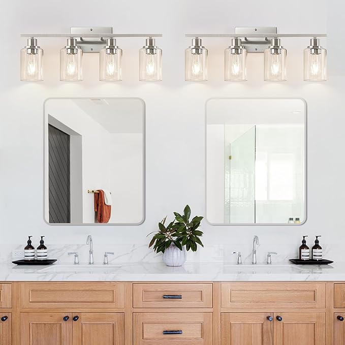 4-Light Bathroom Light Fixtures, Brushed Nickel Vanity Lights with Clear Glass Shades, Modern Bathroom Wall Lamp for Mirror Living Room Cabinet Bedroom Porch-Ruum Studio Home