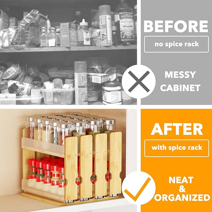 SpaceAid Bamboo Pull Out Spice Rack Organizer for Cabinet, Heavy Duty Slide Out Seasoning Kitchen Pantry Sliding Vertical Organization, 10.1" Wide, 4 Drawers(2" Wide), 2-Tier, Natural-Ruum Studio Home