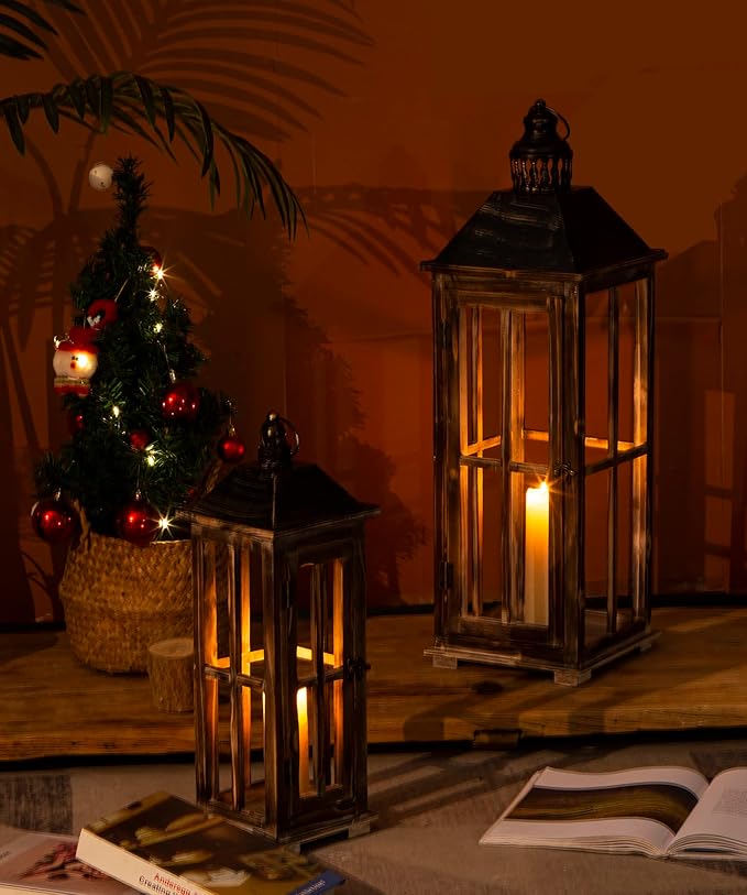 Large Farmhouse Wooden Decorative Lantern Set of 2, Rustic Distressed Brown Burnt Wood Floor Candle Lanterns, Indoor/Outdoor Hanging Lanterns for Home Decor (No Glass)-Ruum Studio Home