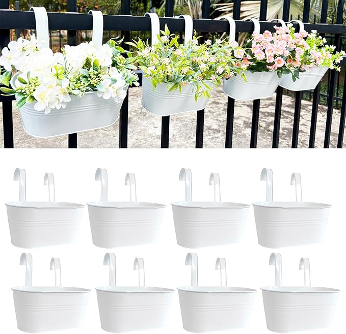 10" Hanging Flower Pots, Pack of 8 White Metal Outdoor Patio Balcony Planter, Railing Planters Fence Pot with Detachable Hook & Drainage Hole for Small Plants (White, 8Pcs)-Ruum Studio Home