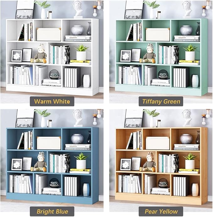 IOTXY Open Shelf Low Bookcase - Wooden 3-Tier Floor Standing Display Cabinet Organizer with Base, 8 Cubes Short Horizontal Bookshelf in Warm White-Ruum Studio Home