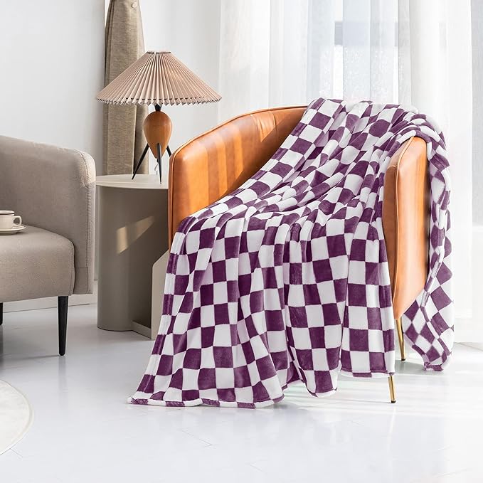 LOMAO Throw Blankets Flannel Blanket with Checkerboard Grid Pattern Soft Throw Blanket for Couch, Bed, Sofa Luxurious Warm and Cozy for All Seasons (Purple, 40"x50")-Ruum Studio Home