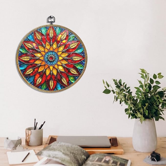 Colorful Geometric Mandala Framed Round Wall Decor Canvas Wall Art Hanging Prints Artwork for Home Office Kitchen Nursery Bedroom Living Room Porch Garden Birthday Decorations 10.2X10.2 Inch-Ruum Studio Home