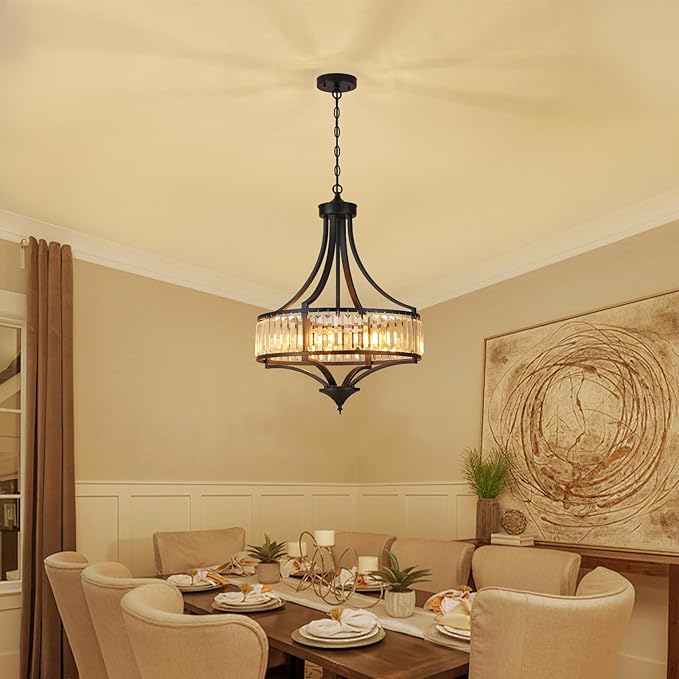 Modern Black Crystal Chandelier, 20 Inch Large Ceiling Pendant Light Fixture with 50'' Adjustable Hanging Chain, 5-Light Farmhouse Chandelier for Dining Room, Living Room, Bedroom, Entryway-Ruum Studio Home