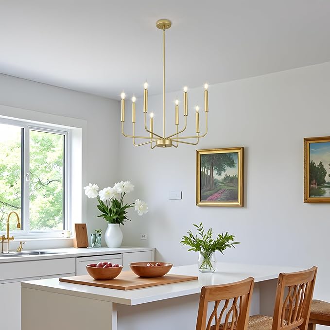 Modern Gold Farmhouse Chandeliers, 8-Light Industrial Metal Chandelier Lighting, Classic Candle Hanging Pendant Light Fixtures for Kitchen Bedroom, Dining Room, Living Room,Foyer-Ruum Studio Home