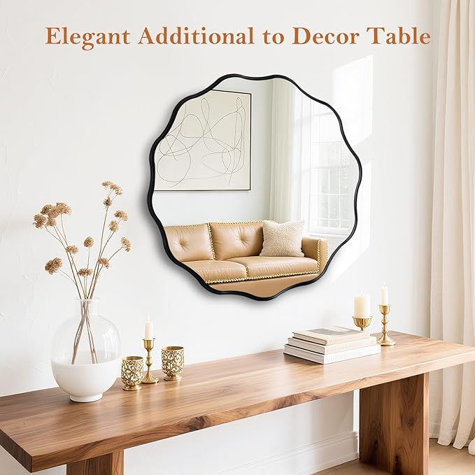 Fabuady Black Round Wavy Edge Mirror - 20'' Circle Wall Mirror with Metal Frame, Decorative Hanging/Leaning Mirrors for Bathroom, Bedroom, Living Room, Hallway, Entryway, Office, Home Decor-Ruum Studio Home