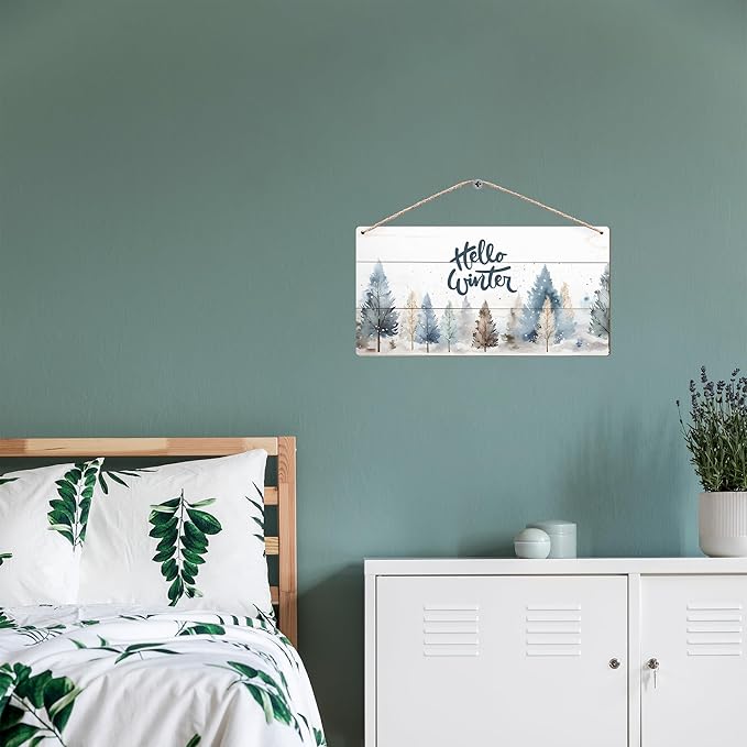 DUXMNAMG Hello Winter Welcome Hanging Wooden Signs 12x6, Pine Tree Decor, Winter Door Decorations, Winter Door Sign, Rustic Winter Christmas Snowflakes Trees Home Room Office Hanging Wall Decor-Ruum Studio Home