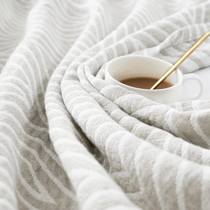 jinchan Boho 100% Cotton Blanket Muslin Twin Size 60x80 Inches Lightweight 3-Layer Geometric Triangle Striped Reversible Quilt Throw Soft Breathable Comfy All Seasons for Couch Bed Decor, Light Grey-Ruum Studio Home