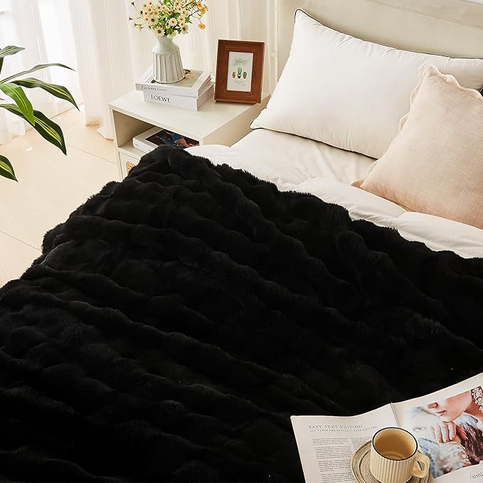 Lotus Karen Faux Fur Throw Blanket Black - Big Bubble Rabbit Fluff Blanket for Couch, Small Fluffy Fuzzy Cozy Blanket, Thick Furry Plush Shaggy Blankets, 50x60 Inches-Ruum Studio Home