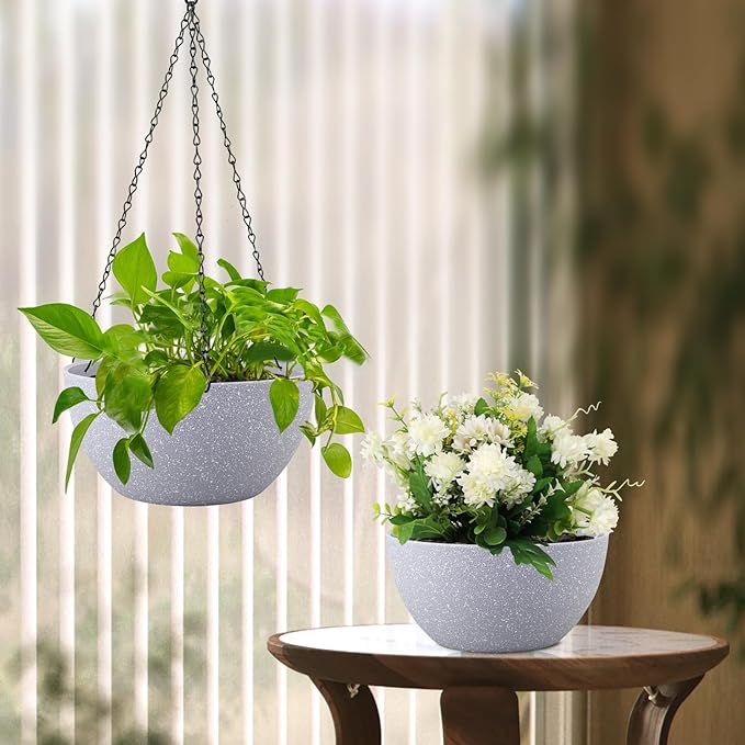 10 inch Hanging Planters for Indoor Outdoor Plants, 2 Pack Hanging Flower Pots with Drainage Holes and Chain for Garden Porch, Plastic Hanging Baskets for House Plants, Speckled Grey-Ruum Studio Home