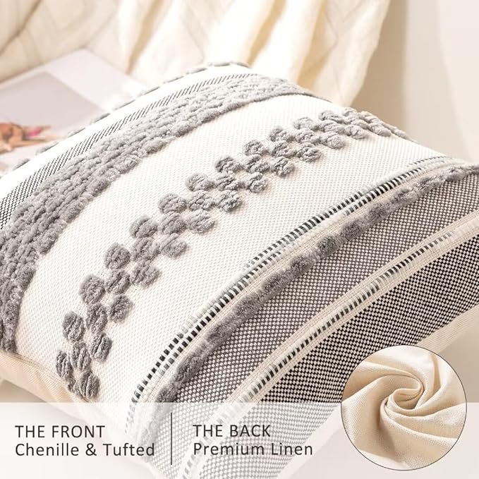 Boho Throw Pillow Covers 18x18 Set of 2 Farmhouse Decorative Cushion Case Striped Square Pillows Cover Chenille Pillow Cases Accent Neutral Pillowcase for Sofa Couch Bed,Gray-Ruum Studio Home