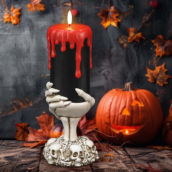 Wondise Halloween Flameless Candles with Ghost Hand, Battery Operated LED Black Candles with 6hrs Timer, Real Wax Pillar Candles with Flickering 3D Wick for Halloween Home Theme Party Decor-Ruum Studio Home