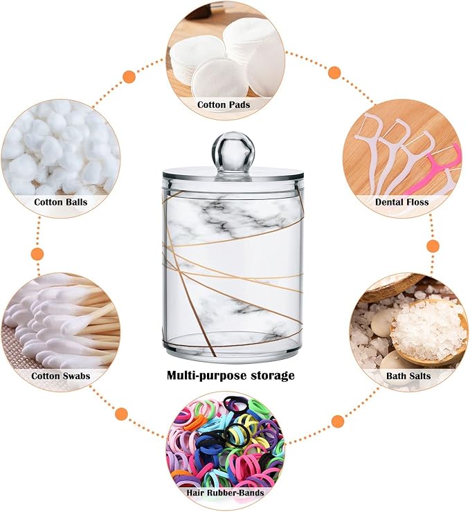 2 Pack Qtip Holder Dispenser White Marble Gold Line Bathroom Storage Canister Lid Acrylic Plastic Apothecary Jar Set Vanity Makeup Organizer for Cotton Swabs/Pads/Floss-Ruum Studio Home