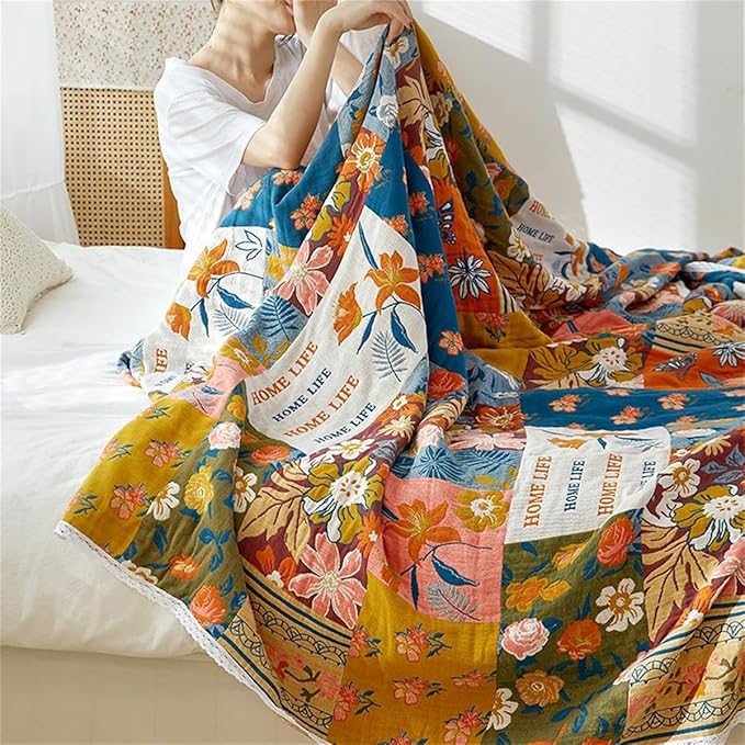 Throw Blanket for Couch Bed, 100% Cotton Muslin 60''x80'' Travel Bed Blankets Mexican Boho Quilt Flowers Blanket Lightweight Blanket Soft Warm Throws Gifts for Women Mom-Ruum Studio Home
