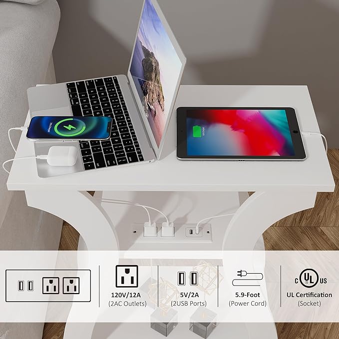 End Tables Living Room Set of 2,End White Table with Charging Station, Side Table, Nightstand for Bedroom, 3 Tier End Table with Storage Shelf for Living Room White-Ruum Studio Home