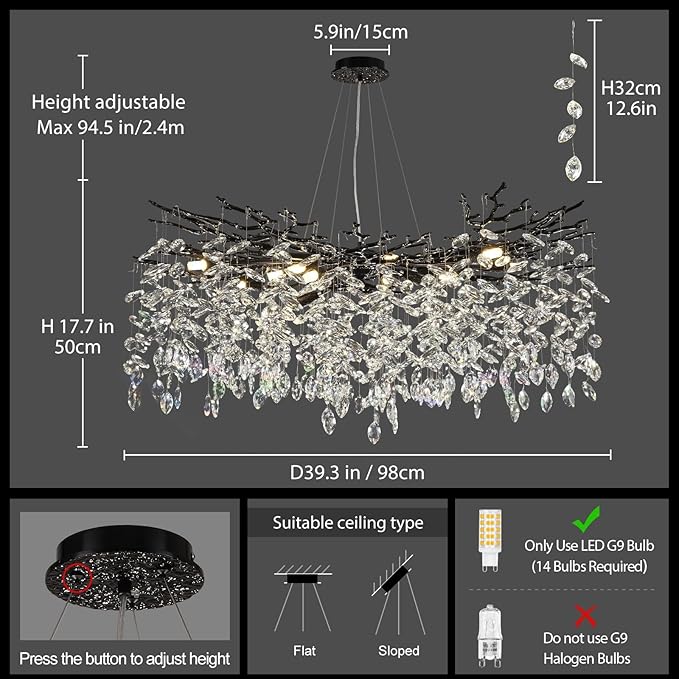 Modern Black Crystal Tree Branch Chandelier,14-Light 40" Black K9 Crystal Chandeliers for Living Room, Round Chandelier for Dining Room,High Ceiling,Kitchen Island,Foyer,Staircase-Ruum Studio Home
