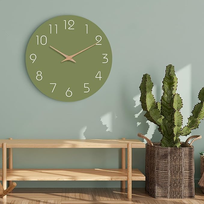 Mosewa Modern Wall Clock Silent Non-Ticking 14 Inch Olive Green Battery Operated Simple Minimalist for Living Room Office Bedrooms Kitchen Home Decor-Ruum Studio Home