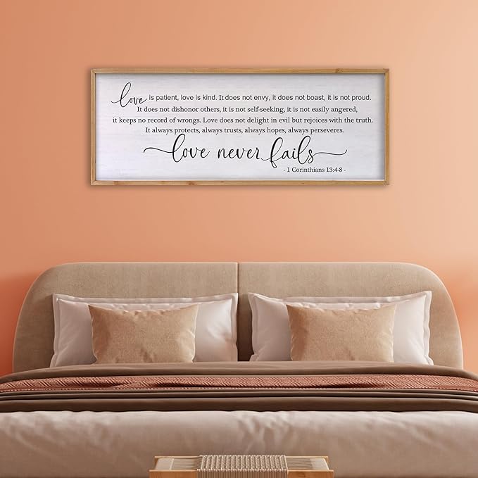 Love is Patient Love is Kind Wall Art 24×10 Inch Bible Verse 1 Corinthians 13 Christian Hanging Wood Framed Decor Sign (Wood)-Ruum Studio Home