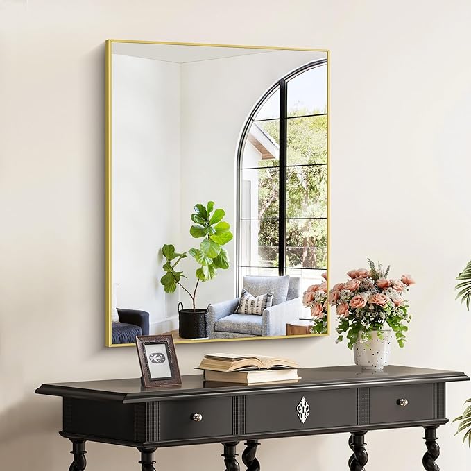 Gold Bathroom Mirror for Wall, 30x36 Inch Rectangle with Metal Frame, Modern Vanity for Bathroom Living Room, Entryway Hangs Horizontal or Vertical-Ruum Studio Home
