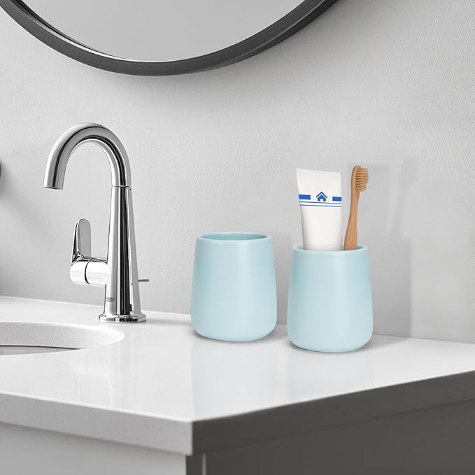 Bathroom Tumbler Cup Ceramic 2Pcs 13.5oz Reusable Toothbrush Cup 400ml,Toothbrush Holder Adequate for Your Bathroom (Cyan)-Ruum Studio Home