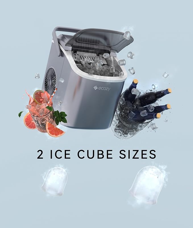 ecozy Portable Ice Maker Countertop, 9 Cubes Ready in 6 Mins, 26lbs in 24Hrs, Self-Cleaning Ice Machine with Handle/Ice Bags/Ice Scoop/Ice Basket, 2 Sizes Bullet Ice for Home Kitchen Office Bar Party-Ruum Studio Home