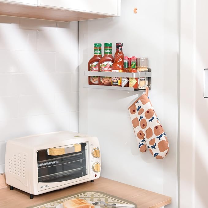 Magnetic Spice Rack for Refrigerator Spice Organizer, Strong Magnetic Shelf with 2 Removable Hooks Space Saver for Refrigerator and Microwave Oven, Metal Fridge Shelf(1 pack Silver)-Ruum Studio Home
