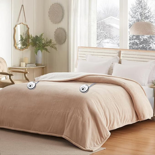 Sealy Electric Blanket Queen 84"*90",Super Cozy Flannel to Sherpa Reversible Heated Blanket Queen Size with 10 Heating Levels & 1-12 Hours Auto Off Overheating Protection Machine Washable,Beige-Ruum Studio Home