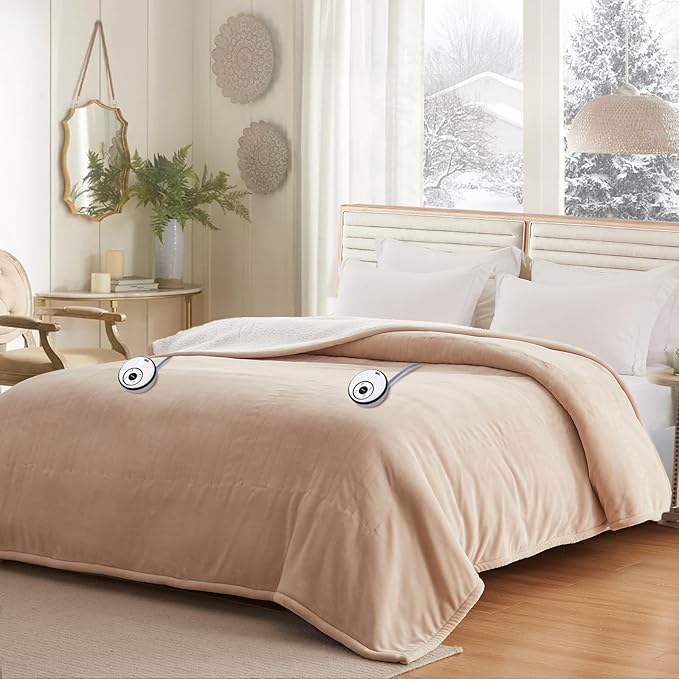 Sealy Electric Blanket King 100"*90",Super Cozy Flannel to Sherpa Reversible Heated Blanket King Size with 10 Heating Levels & 1-12 Hours Auto Off Overheating Protection Machine Washable,Beige-Ruum Studio Home