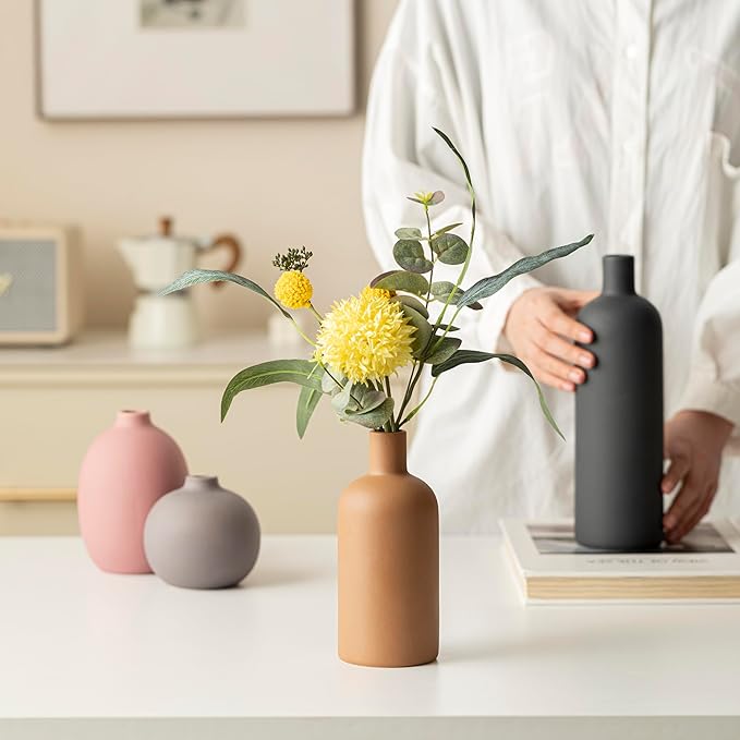 Modern Ceramic Vase Set, Neutral Colors, Decorative Vases for Home Shelf Decor, 4 Piece Collection (Black Mix Set 4)-Ruum Studio Home