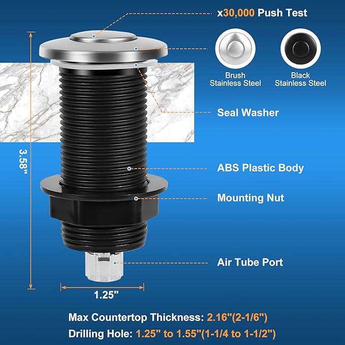 Air Switch Kit for Garbage Disposal, UL Listed Sink Top Air Switch for Food Waste Disposal, 3.58” Extra Long Air Button (Brushed Stainless Steel)-Ruum Studio Home