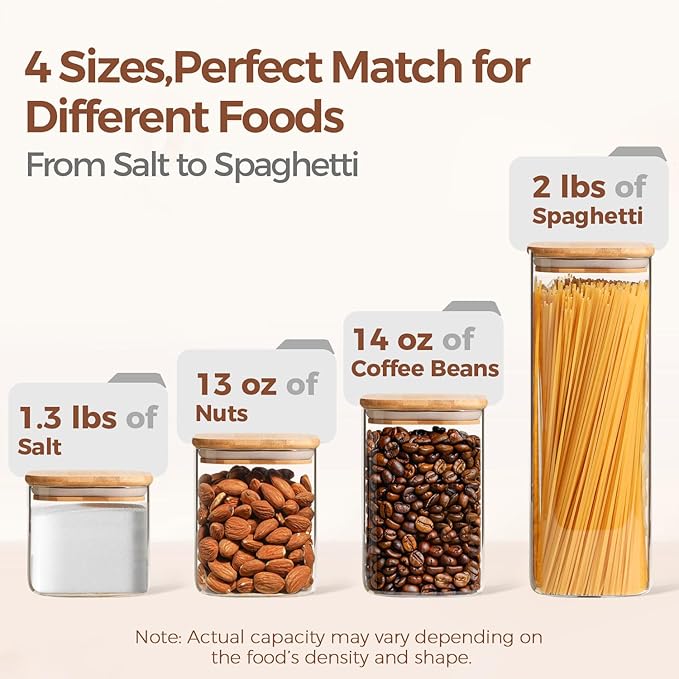 ComSaf Food Storage Containers with Airtight Lids Set of 6, Clear Glass Canister Food Jar with Sealing Lid Kitchen Pantry Storage Container for Spaghetti Pasta Sugar Flour Oat Cereal Beans, Square-Ruum Studio Home
