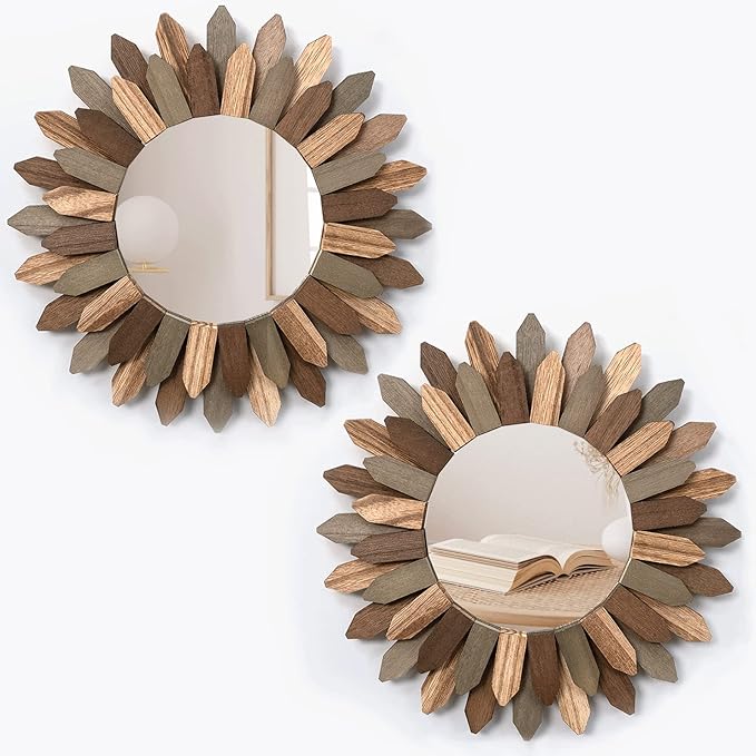 Honiway Boho Wall Decor Mirror 2 Pack 12 inch Rustic Wood Decorative Mirror for Room Decor Rustic Farmhouse Wall Decor for Bedroom Bathroom Living Room Entryway Tril Color-Ruum Studio Home