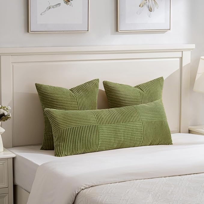 Fancy Homi 2 Packs Moss Green Decorative Throw Pillow Covers 20x20 Inch for Living Room Couch Bed Sofa, Farmhouse Boho Home Decor, Soft Corss Corduroy Patchwork Accent Square Cushion Case 50x50 cm-Ruum Studio Home