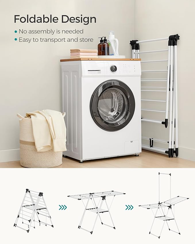 SONGMICS Clothes Drying Rack, Foldable 2-Level Laundry Drying Rack, Free-Standing Airer, 1 Additional Tall Hanging Bar, 2 Height-Adjustable Wings, 24 Drying Rails, Space Savng, Simply White ULLR521W01-Ruum Studio Home