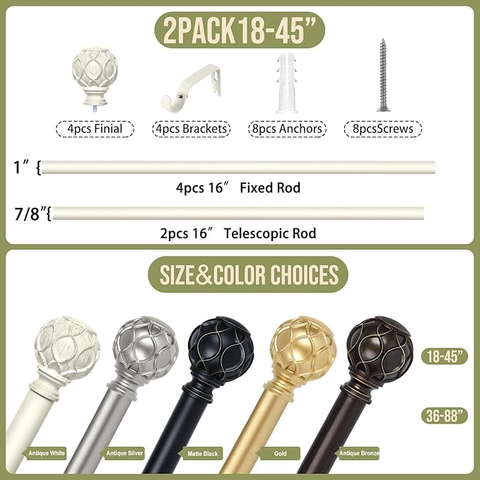 White Farmhouse Curtain Rods for Windows:Heavy Duty Adjustable Curtain Rod for Bedroom Living Room,Boho Decorative Rustic Drapery Rods with Vintage Coastal Finials,Antique White 2 Pack 18-45"-Ruum Studio Home