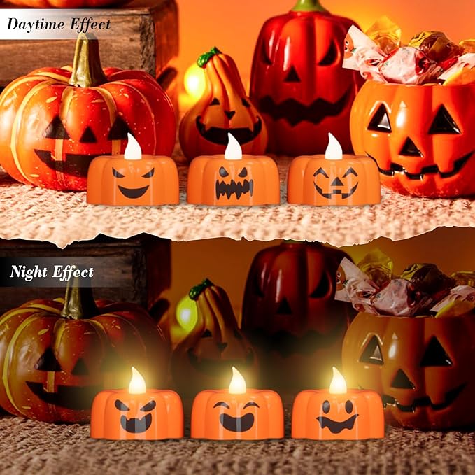 Wondise Halloween Flameless Candles, Pumpkin Battery Operated Candles with Timer, LED Flickering Votive Tealight Spooky Candles for Halloween Decorations Indoor (6 Pack, 1.9" x 1.6")-Ruum Studio Home