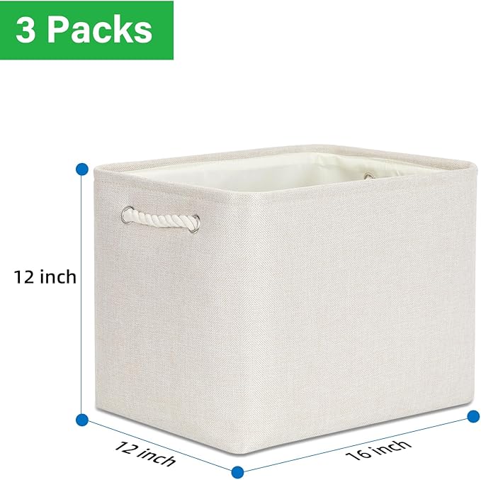 Bidtakay Large Storage Baskets for Shelves 3 Pack Fabric Storage Bins for Organizing Linen Collapsible Organizer for Closet-Light Biege-Ruum Studio Home