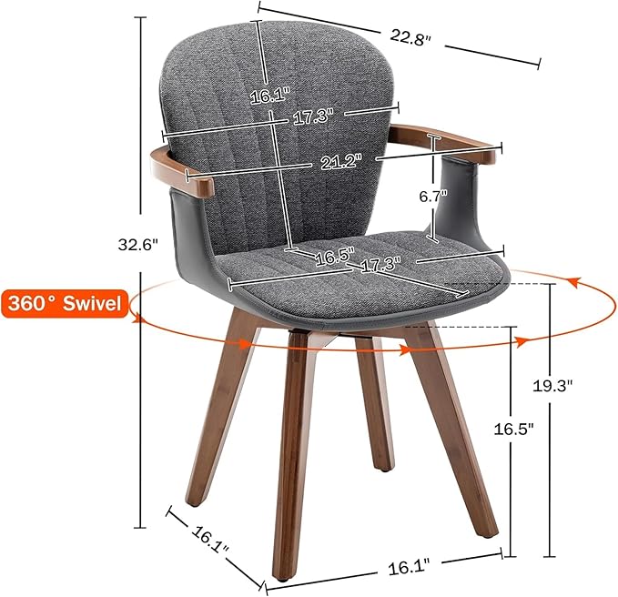 LUNLING Swivel Dining Chairs, Mid Century Modern Gray Fabric+Faux Leather Kitchen Chairs with Arms,Bamboo Legs Side Chairs No Wheels,Accent Chair for Dining Rooms and Offices(Gray Fabric,1PCS)-Ruum Studio Home