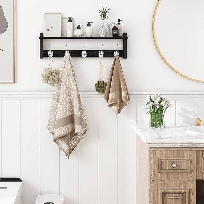 Homode Coat Rack Wall Mount with Shelf, 24" Long Entryway Shelf with Hooks Underneath, Wooden Coat Hanger for Hanging Hats, Bathroom Towels, Clothes, Black-Ruum Studio Home