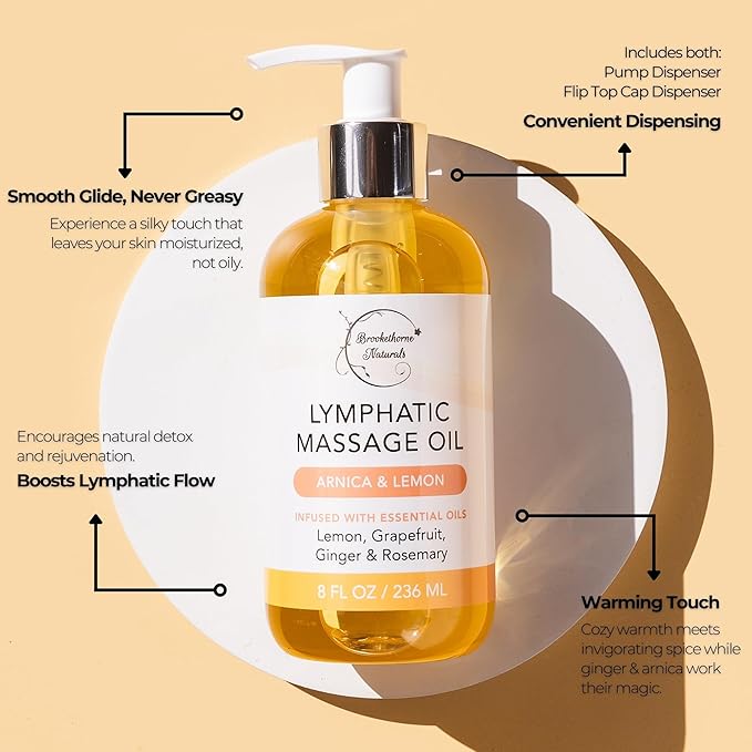 Lymphatic Massage Oil for Massage Therapy | 100% Natural Lymphatic Drainage Oil | Premium Quality with Arnica, Lemon & Ginger | for Post Surgery Recovery & Detox | 8oz by Brookethorne Naturals-Ruum Studio Home