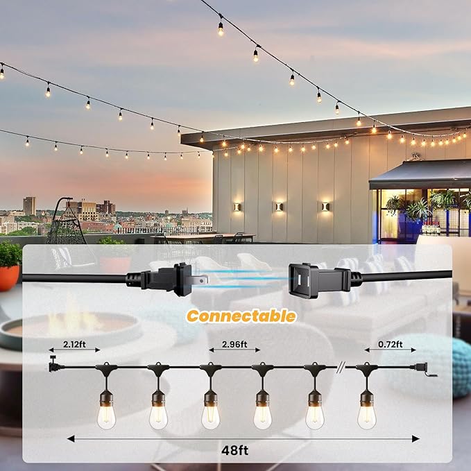 Svater 192 FT Outdoor String Lights 2W, Patio Light for Outside with 64 Antique S14 Plastic LED Bulbs, IP65 Waterproof Hanging Cafe Market Lighting, ETL-Listed Dimmable Warm White (48 FT x 4)-Ruum Studio Home