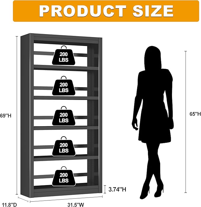 Bookshelf, 5 Tier Metal Bookshelf, 69" H Tall Bookcase with Adjustable Shelves, Large Industrial Bookshelves for Living Rooms, Home Offices, Library, 10 Minutes Assemble-Ruum Studio Home
