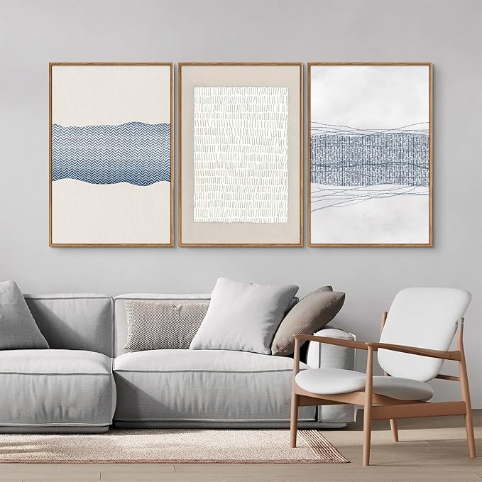 SIGNINART Large Abstract Framed Canvas Wall Art Set of 3, Minimalist Boho Line Art Prints, Modern Neutral Aesthetic Wall Decor, Blue and White Art Paintings for Living Room, Bedroom, Office 16"x24"-Ruum Studio Home