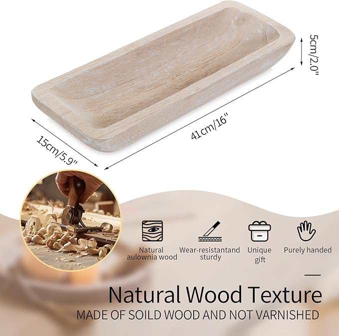 Romadedi Decorative Bowls for Home Decor - 16" Wooden Dough Bowl for Decor, Large Wood Bowl for Kitchen Table Centerpieces Long Narrow Wooden Tray for Dining Table Whitewashed-Ruum Studio Home