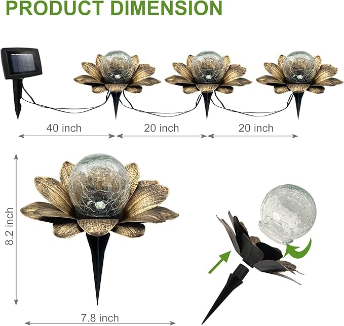 LEWIS&WAYNE Solar Garden Lights Outdoor, 3 Pcs Coppery Lotus Flower Pathway Lamps with Cool White Crackle Glass Globe Led Lights for Patio Pathway Yard Balcony Garden Decorations-Ruum Studio Home
