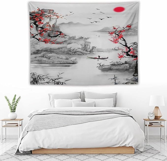 Cherry Blossoms Tapestry,Japanese Red Landscape Watercolor Abstract Art Tapestry,Asian Japanese Wall Tapestry, Nature Landscape Tapestries for Bedroom Living Room Decor 80"x60"-Ruum Studio Home